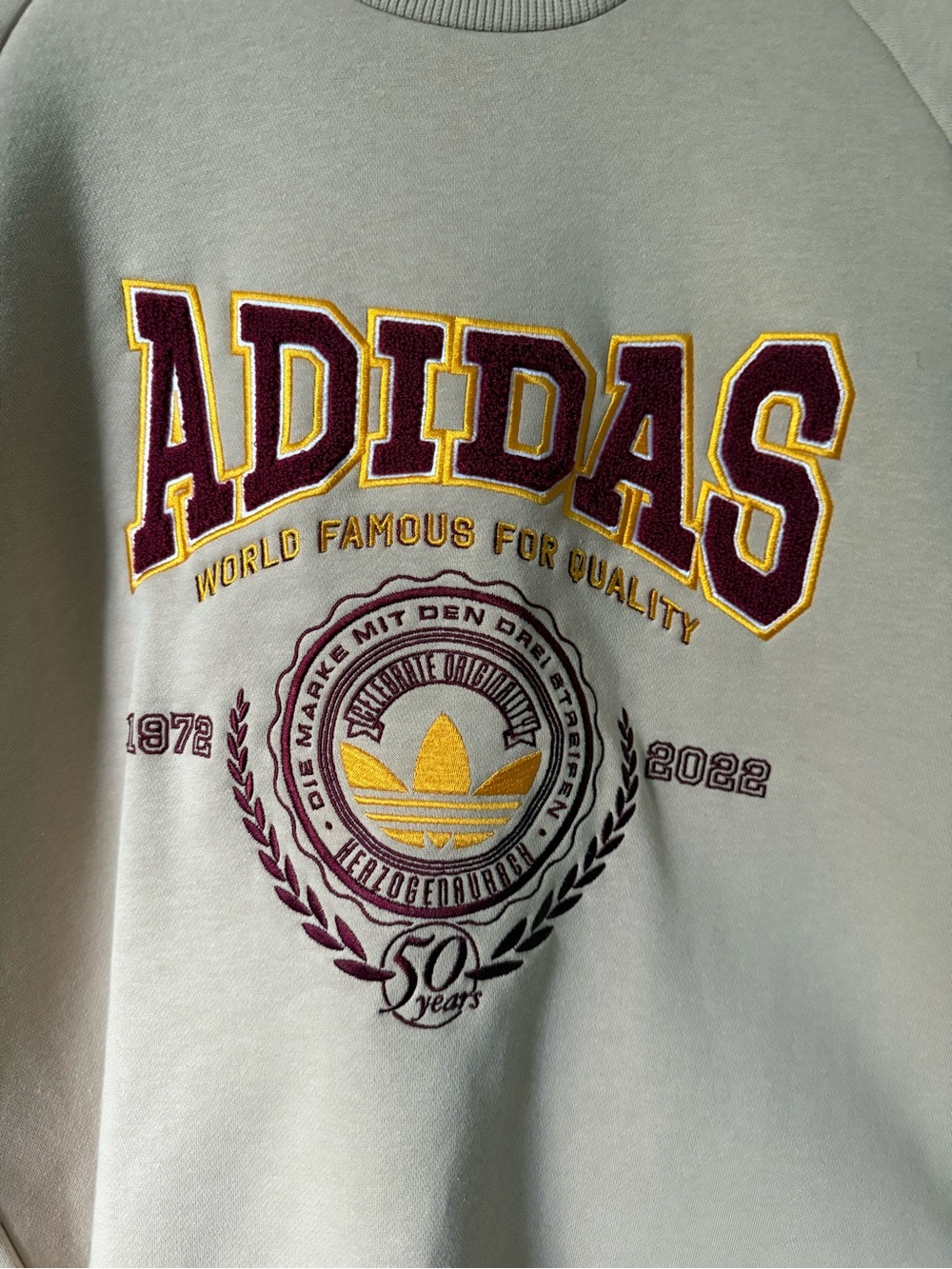 adidas Crewneck Sweatshirt in Sage with Maroon & Yellow Logos